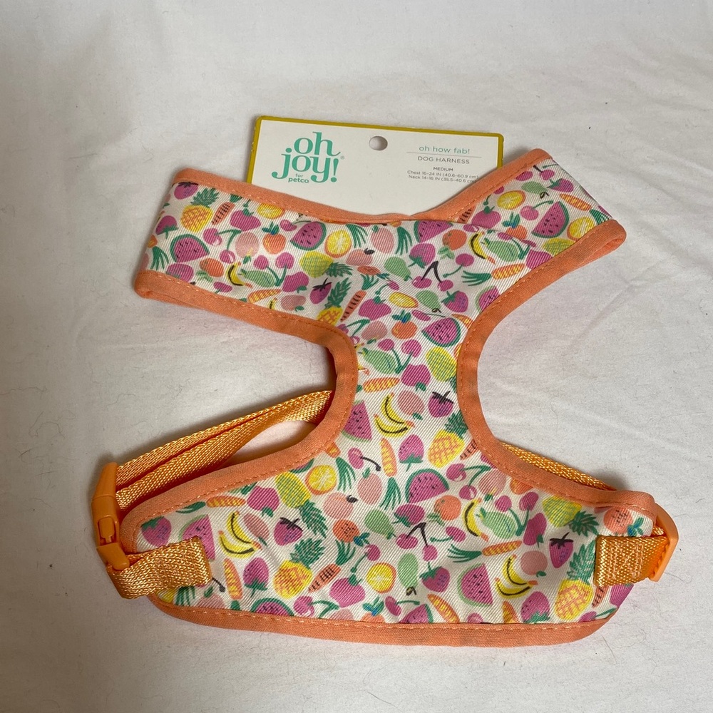 Oh joy! Dog Harness in a Fun Fruit&Veggie patten & orange web Size-M NWT